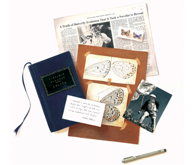 <em>Nabokov and his Butterflies</em> trompe l'oeil, goauche and mixed media, 20